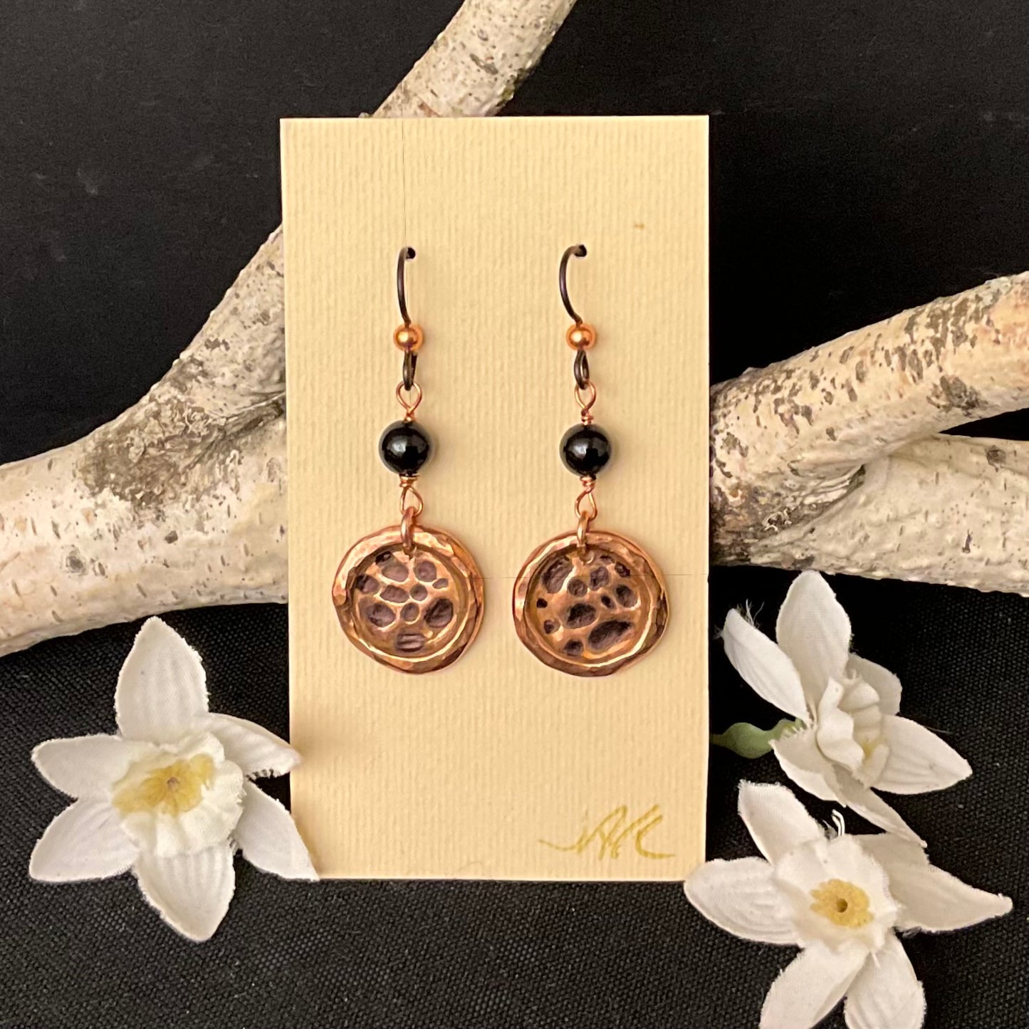 Copper Flower with Hessonite Garnet Beads Earring #310