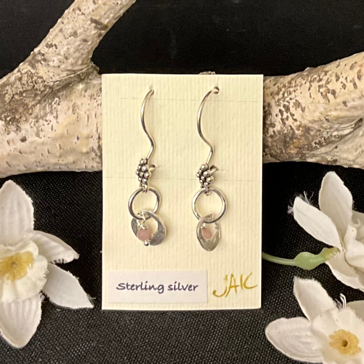 Sterling Silver Hammered Loop with rose Quartz Beads Earring #316