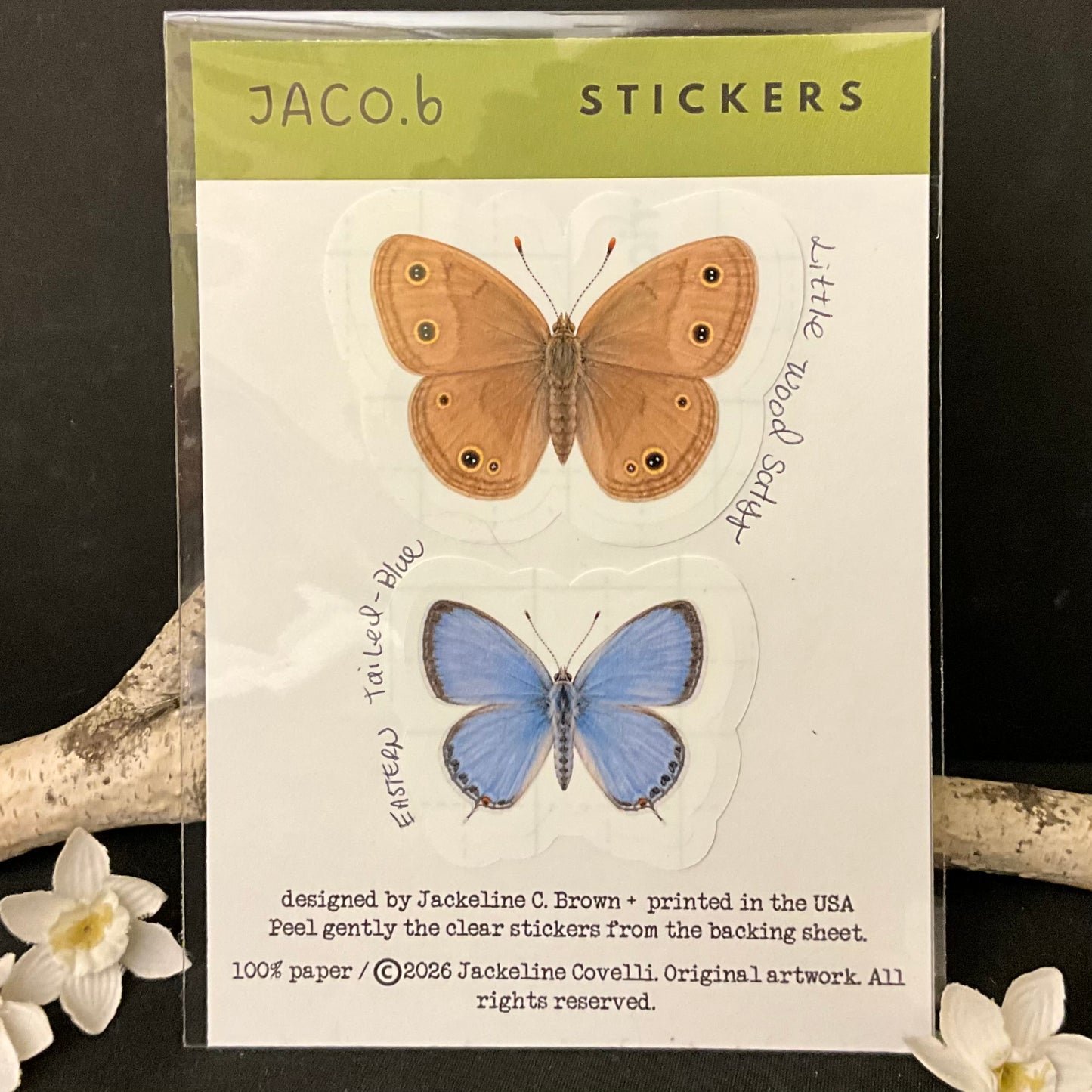 Little Wood Satyr and Eastern Tailed-Blue Butterfly Sticker Card