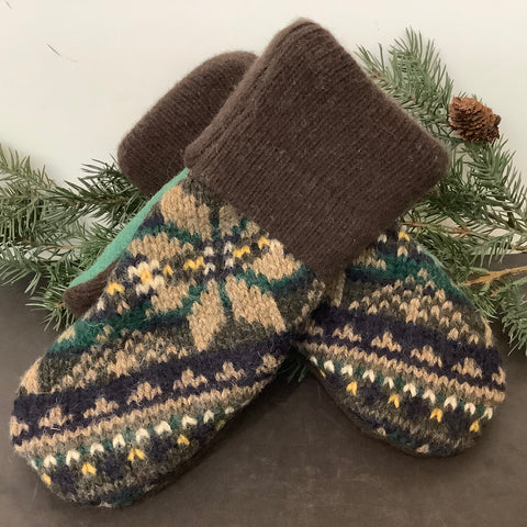 “Upcycled" Wool Sweater Mittens Brown, Navy, Evergreen & White