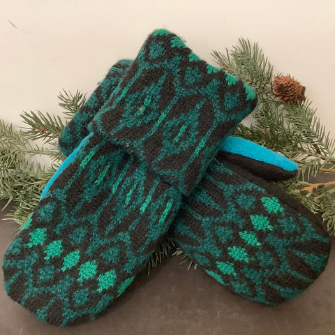 “Upcycled" Wool Sweater Mittens Teal and Black Design