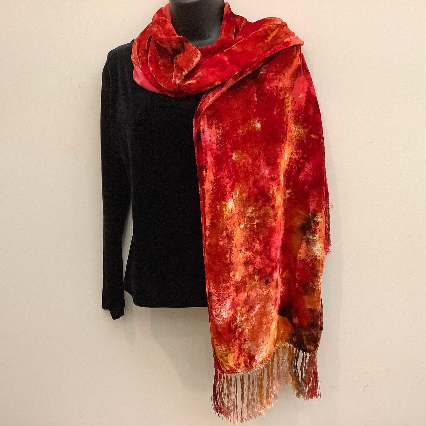 Ice Dyed Velvet Scarf Cinnabar large w Fringe