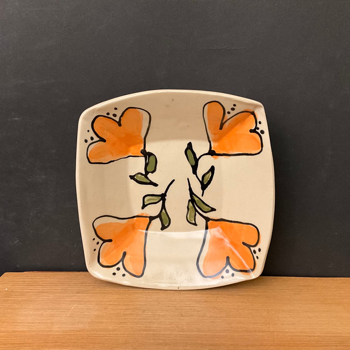 Square Bowl with Whimsical Orange Flowers