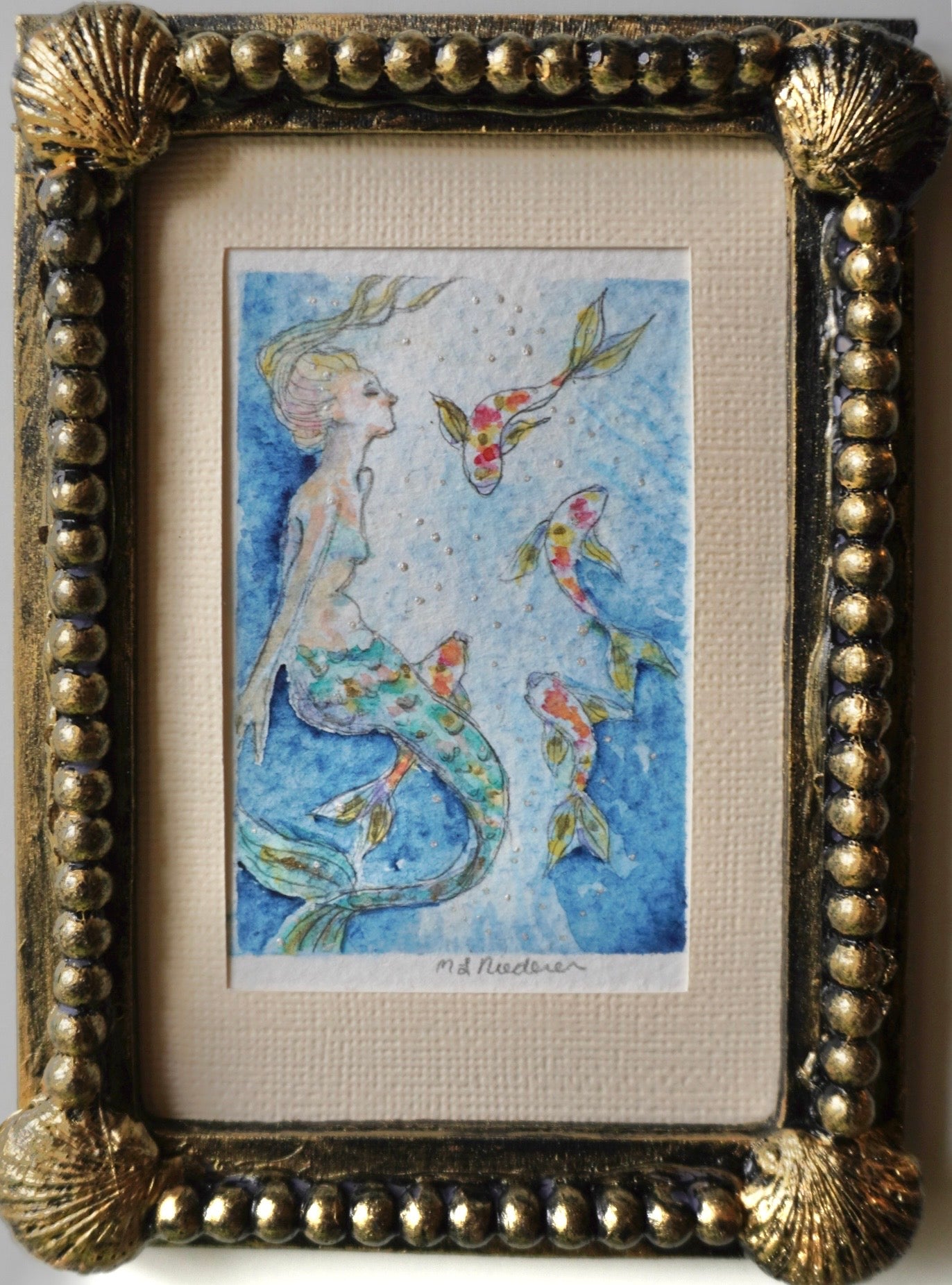“Mermaid in Blue with Koi” Original Framed Watercolor