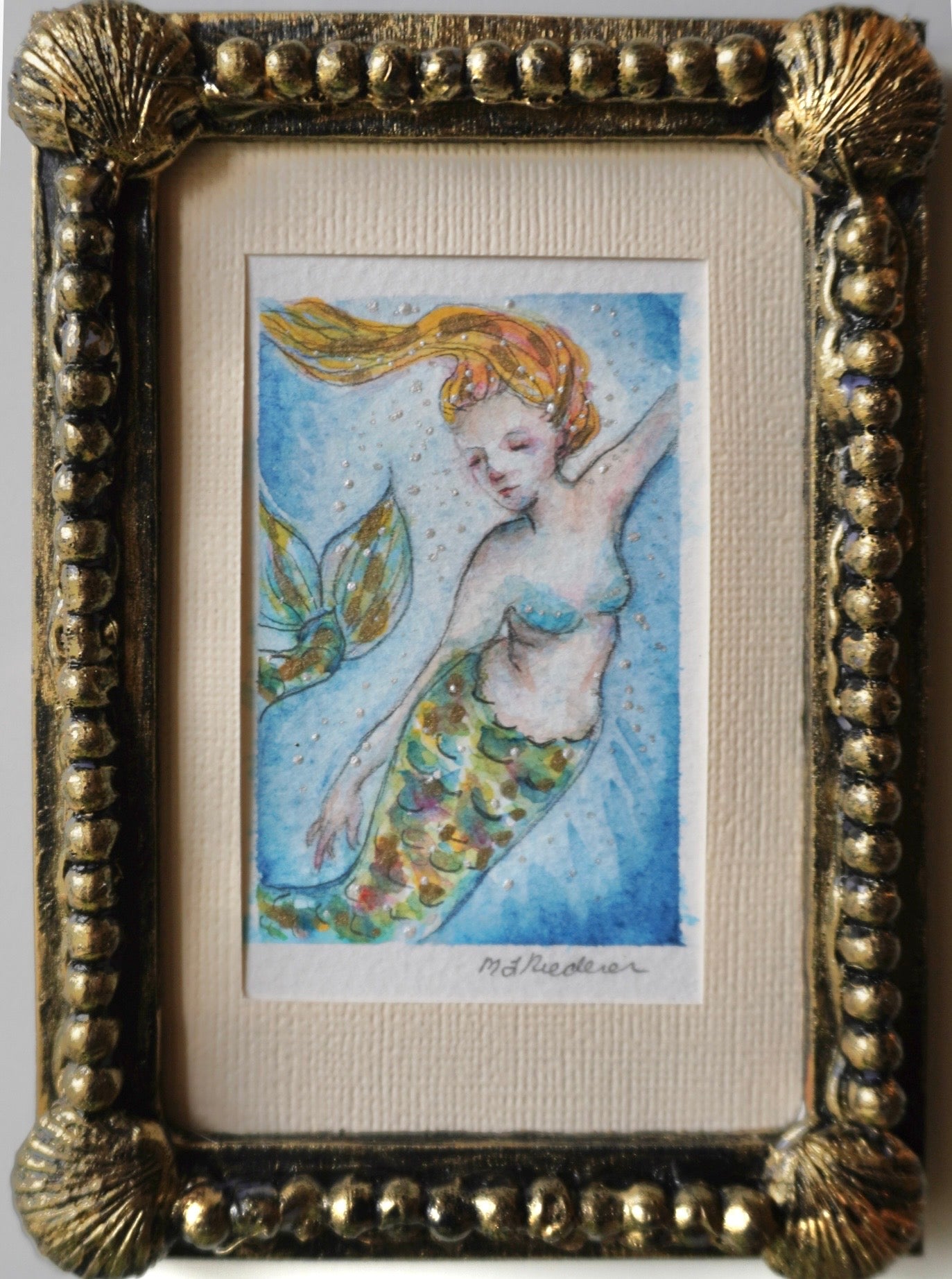 “Mermaid in Blue” Original Framed Watercolor