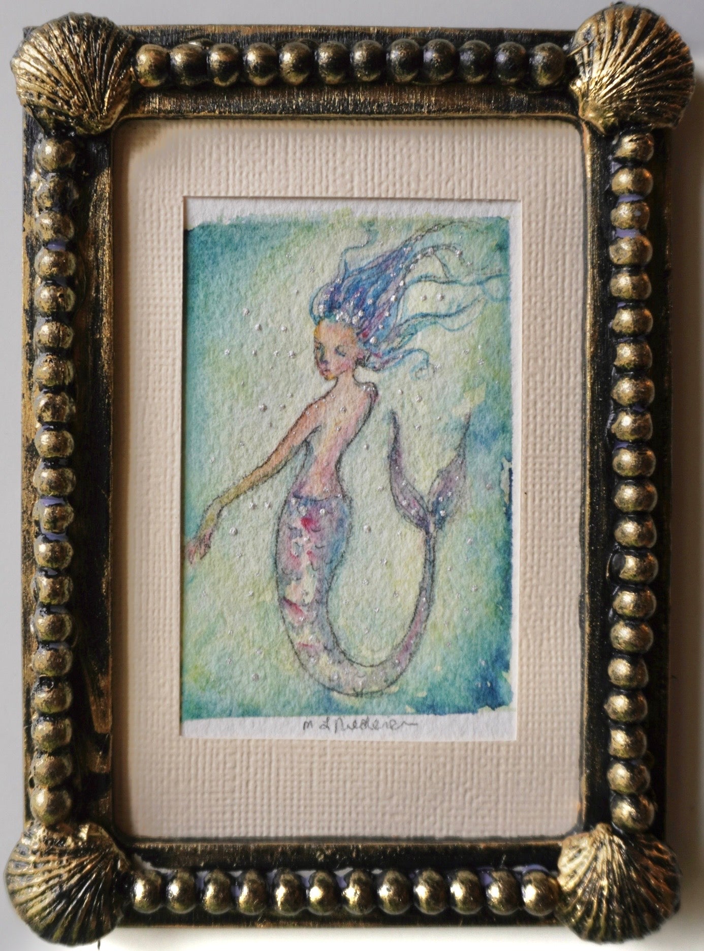 “Mermaid in Green” Original Framed Watercolor