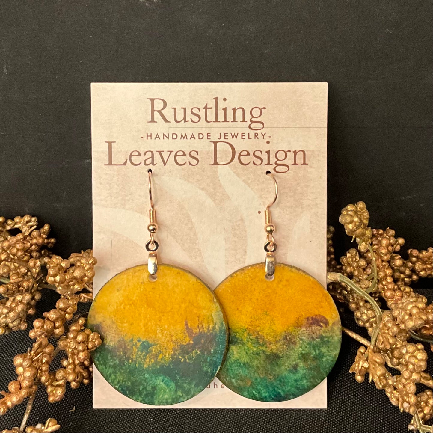 Large Gold Green Disc Earrings