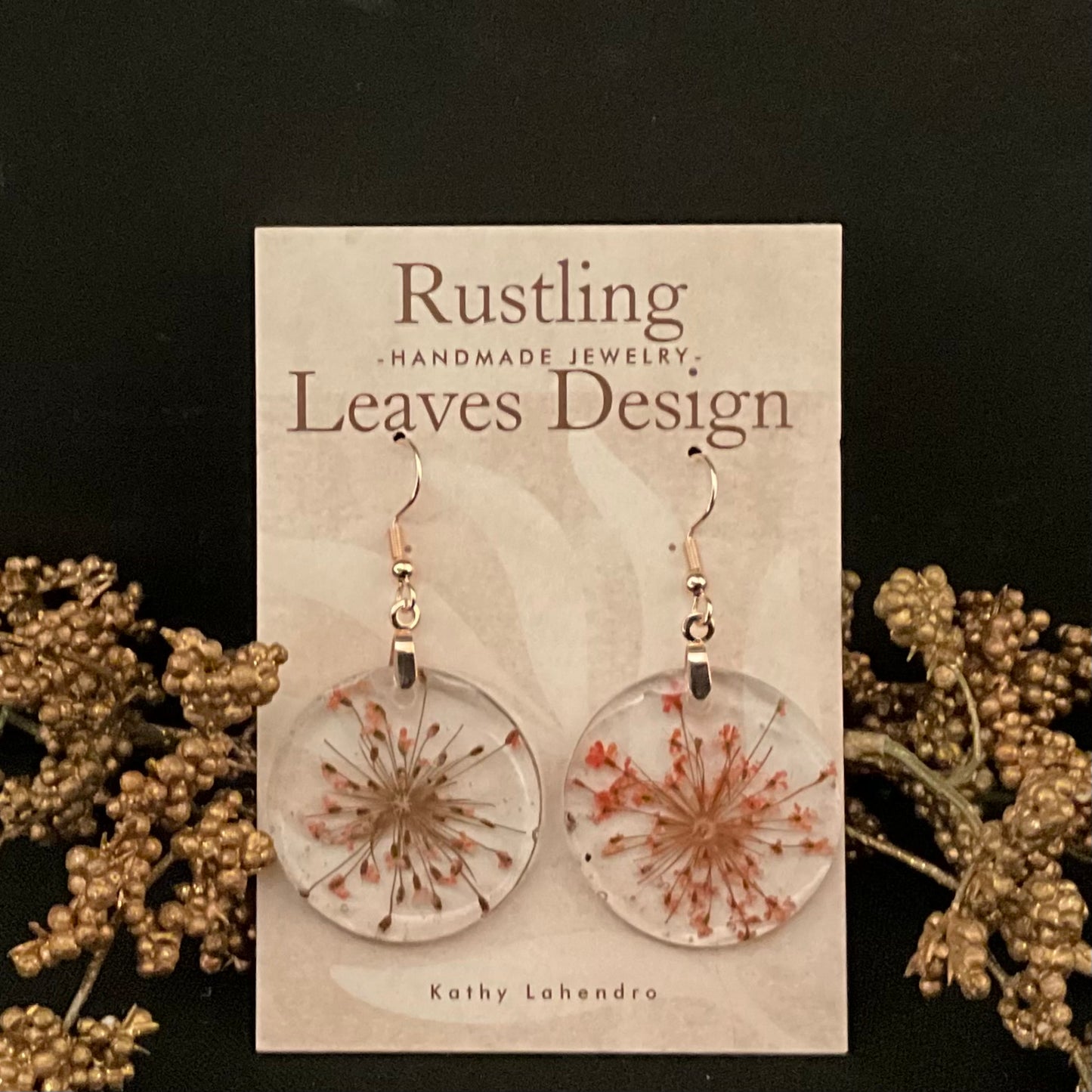 Orange Botanical Clear Resin Disc Earrings