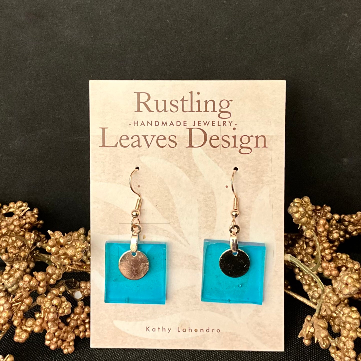Teal Resin Square with Silver Disc Earrings