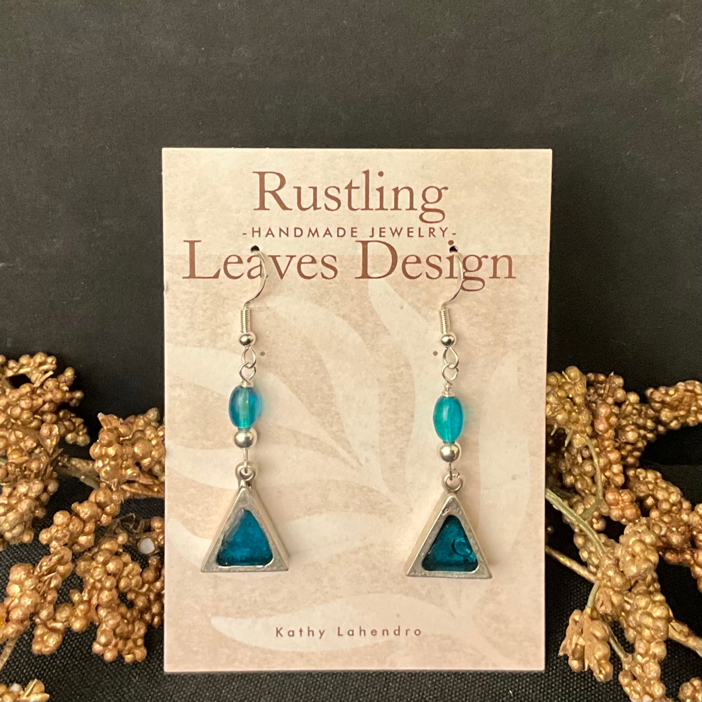 Teal Bead and Blue Triangle Silver Earrings