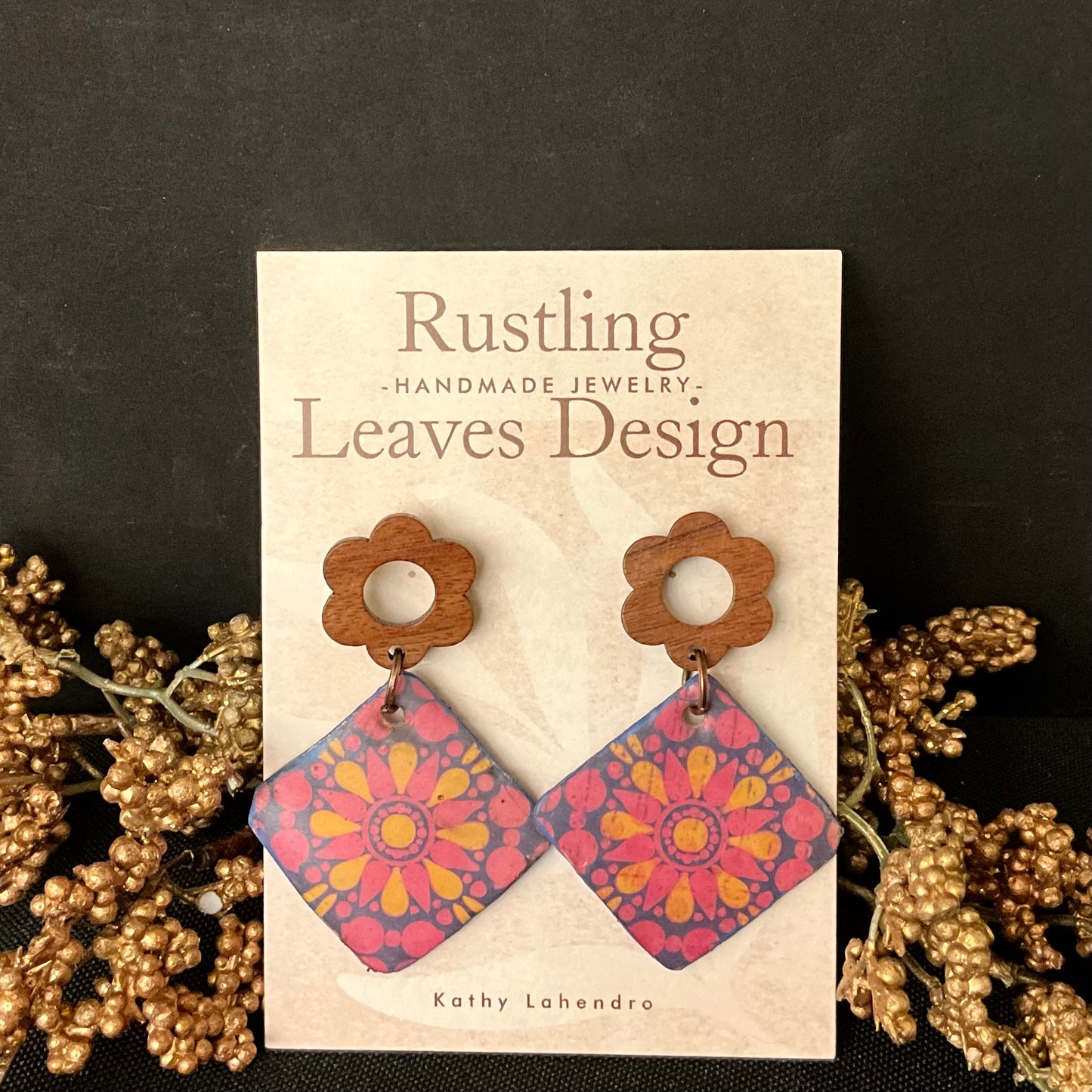 Wood Flower Post with Pink Yellow Rectangle On Point Earrings