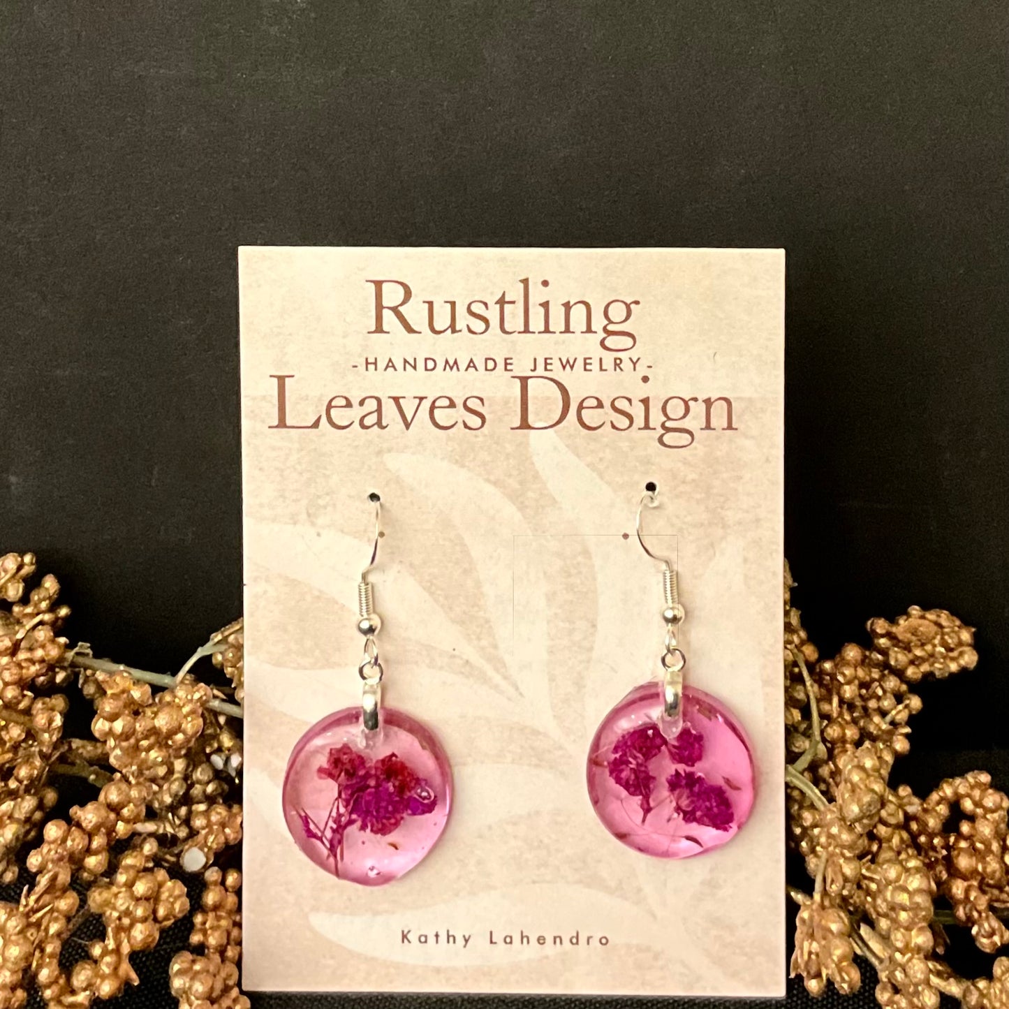 Pink Resin Disc Earrings with Pink Petals