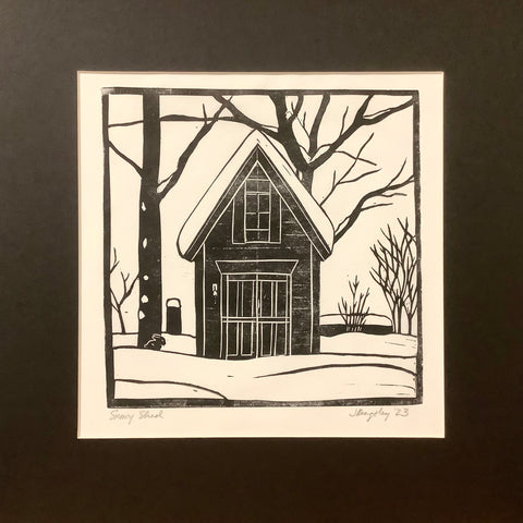 B&W Matted Print Snowy Shed