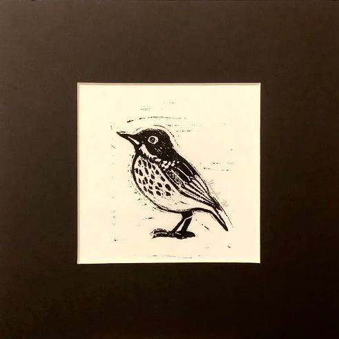 “Hermit Thrush” Rubber Block Print Matted