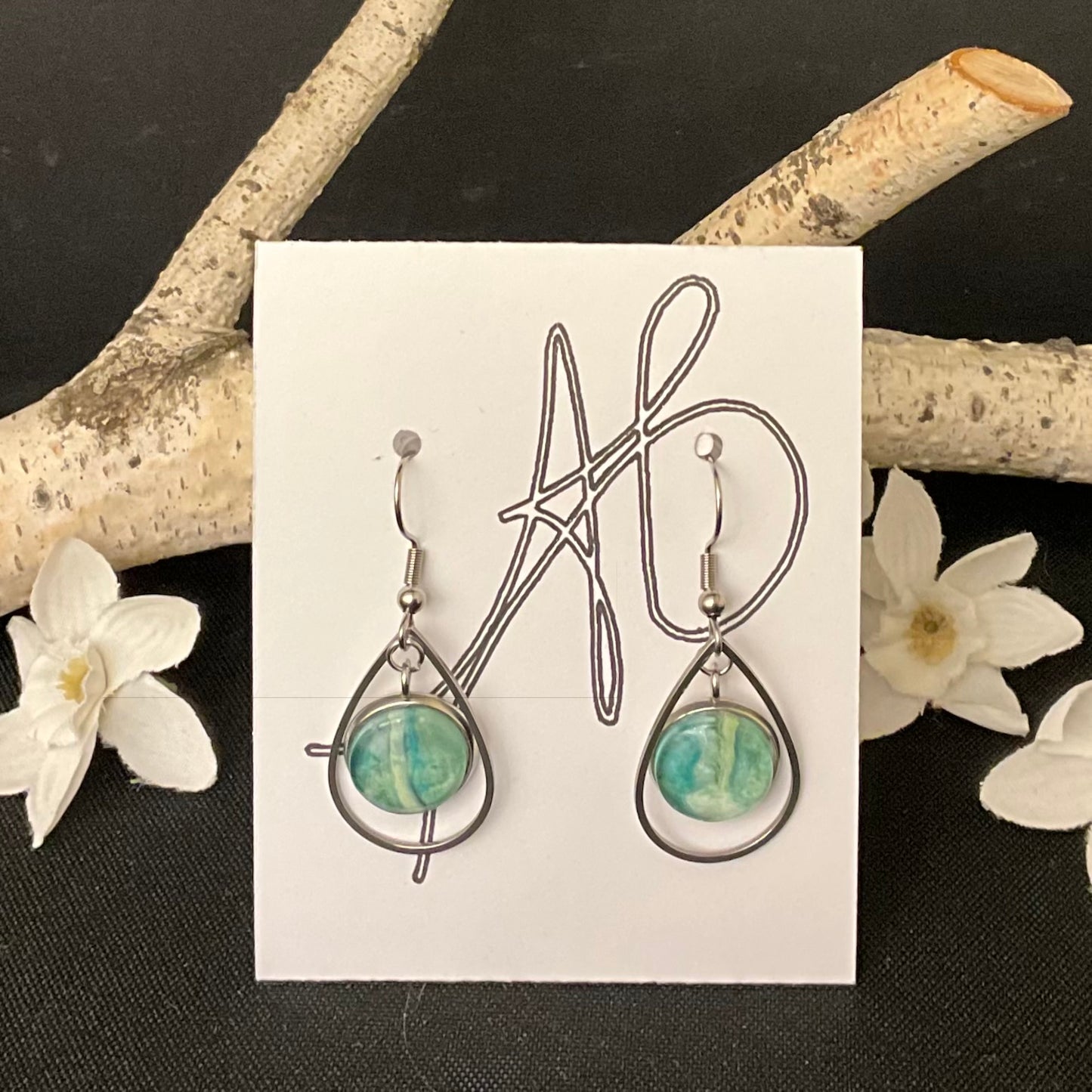 Silver Teardrop Earrings with Green and Turquoise Disc