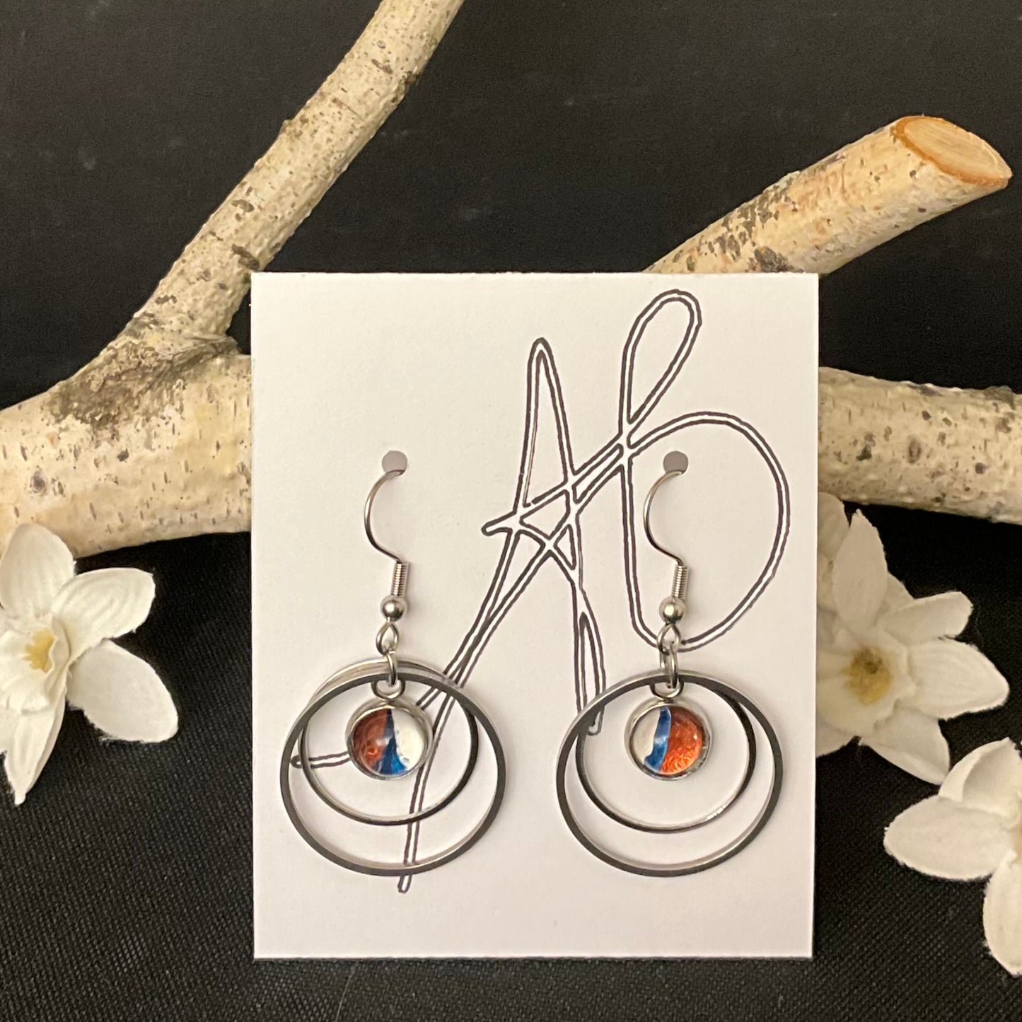 Silver Double Hoop Earrings with Bronze, White, and Blue Disc