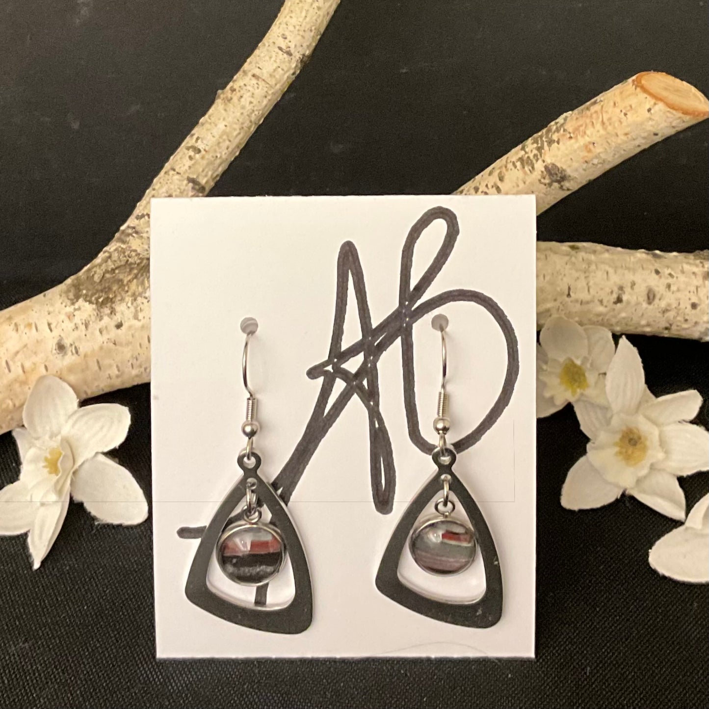Silver Trapezoid Earrings with Black, Brown, and White Disc