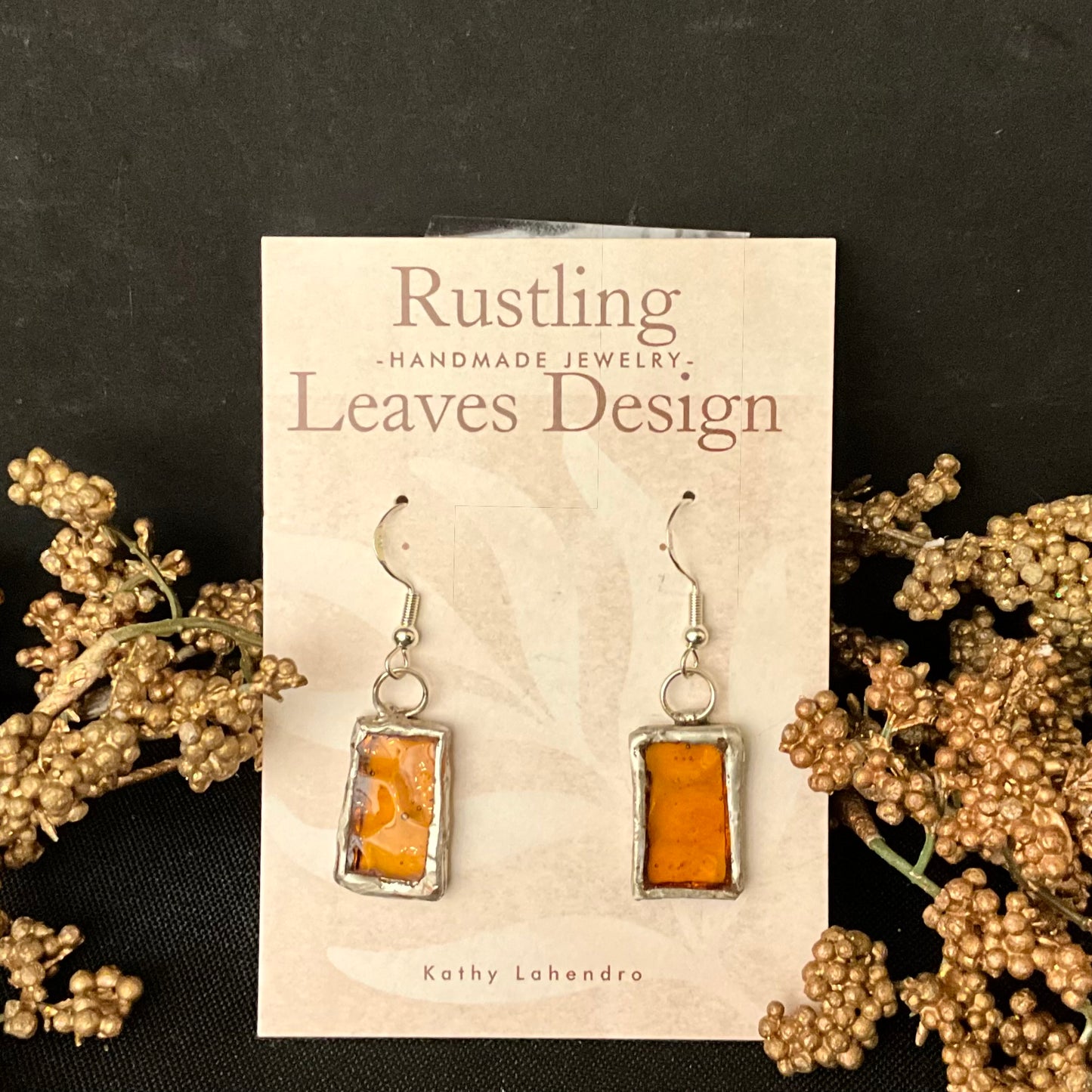 Orange Resin Rectangle Pewter Earrings