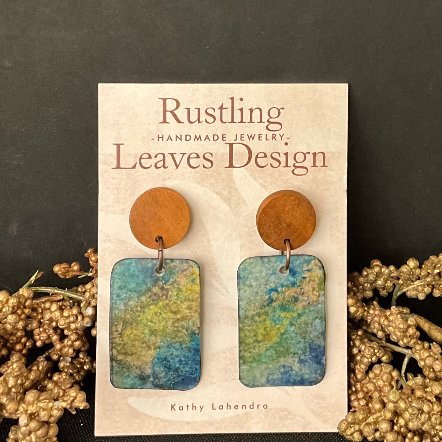 Wood Post with Blue Green Rectangle Earrings
