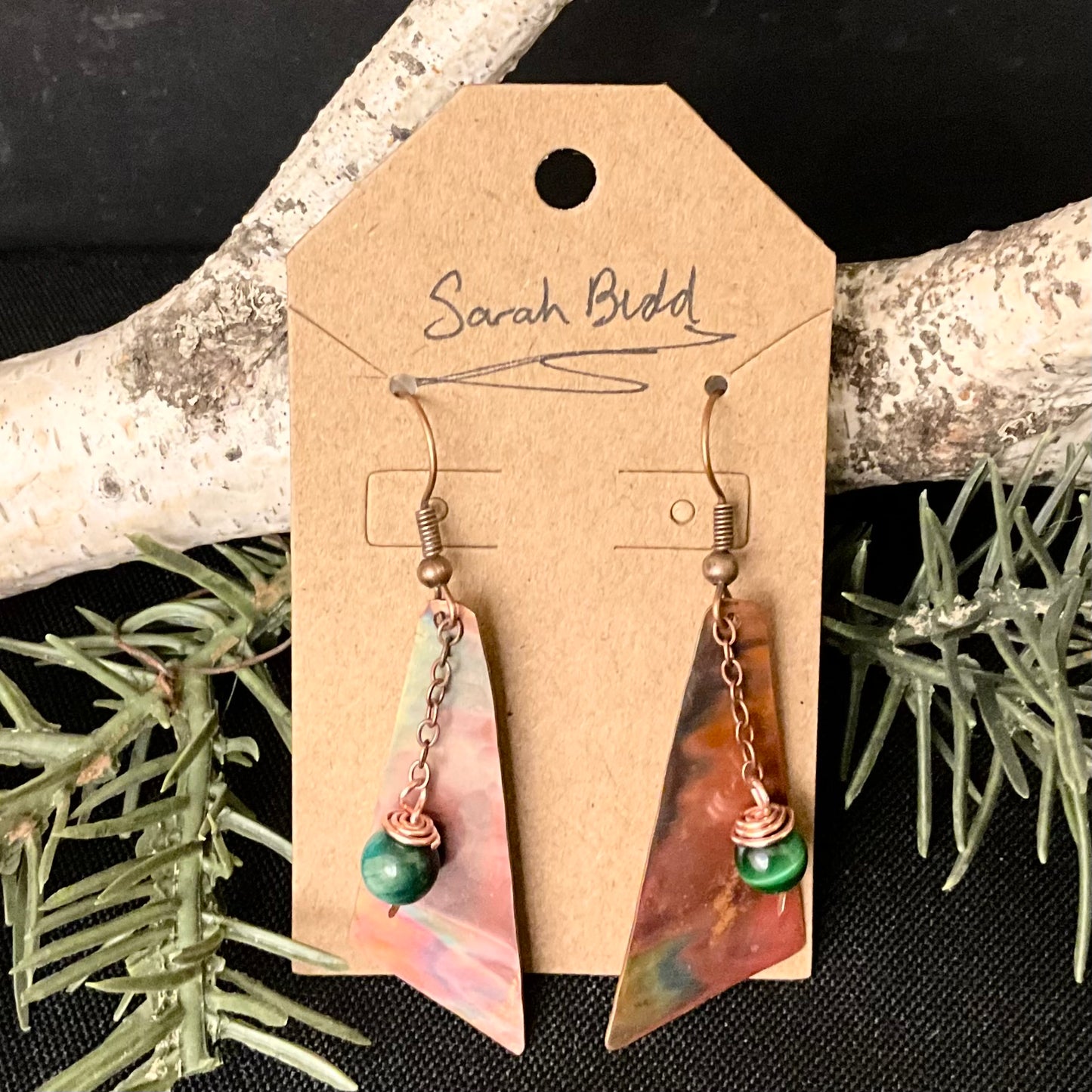 Flame Painted Copper Asymmetrical Triangle Earrings with Green Stone Bead
