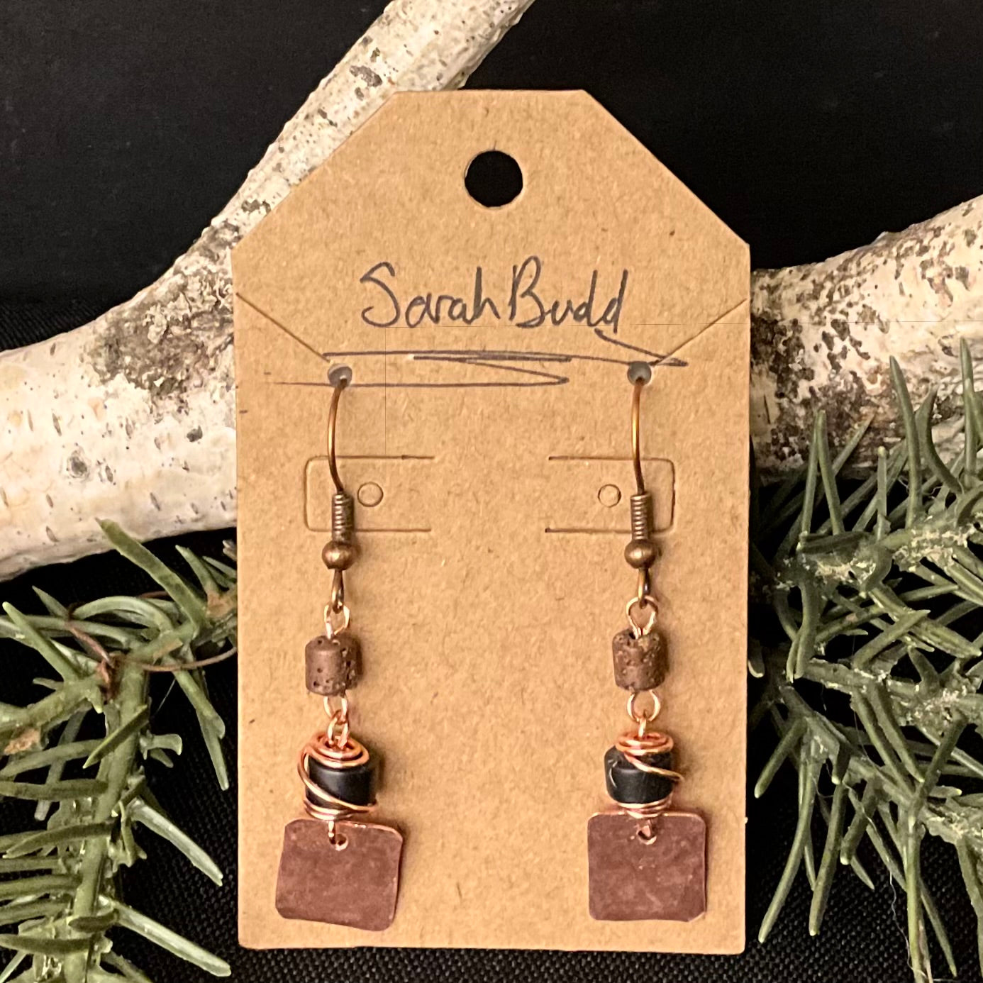 Small Square Copper Earrings with Wired Black Stone Bead