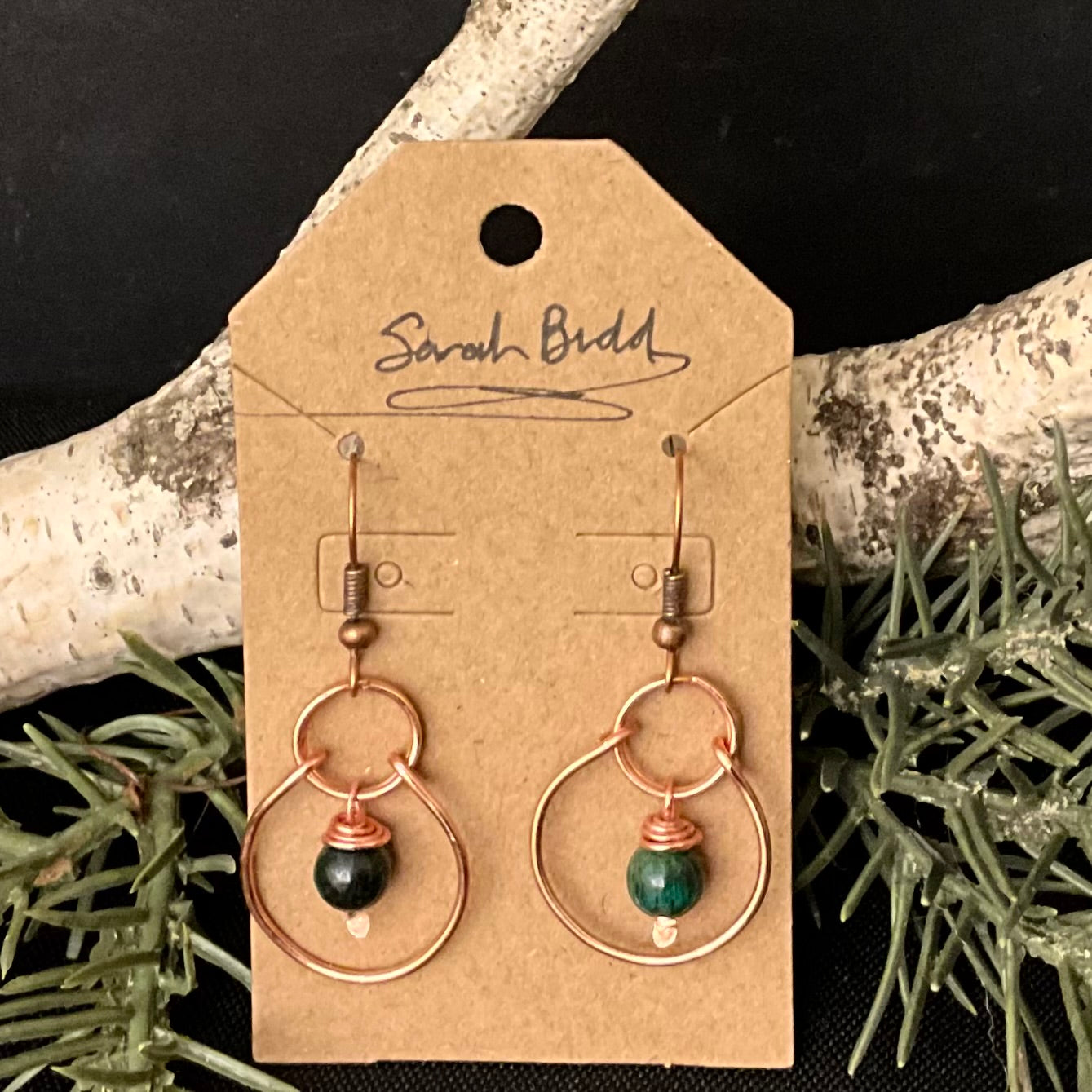 Copper Earrings with Double Hoop And Wired Stone Bead