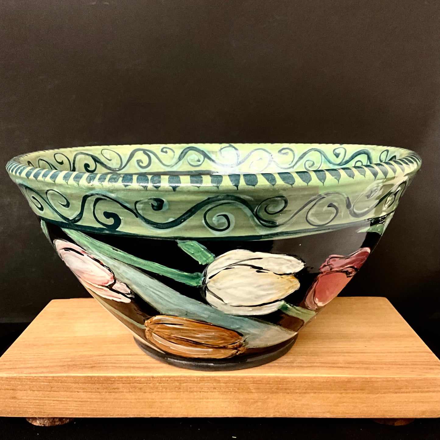 Large Black Bowl with Multi-color Tulips