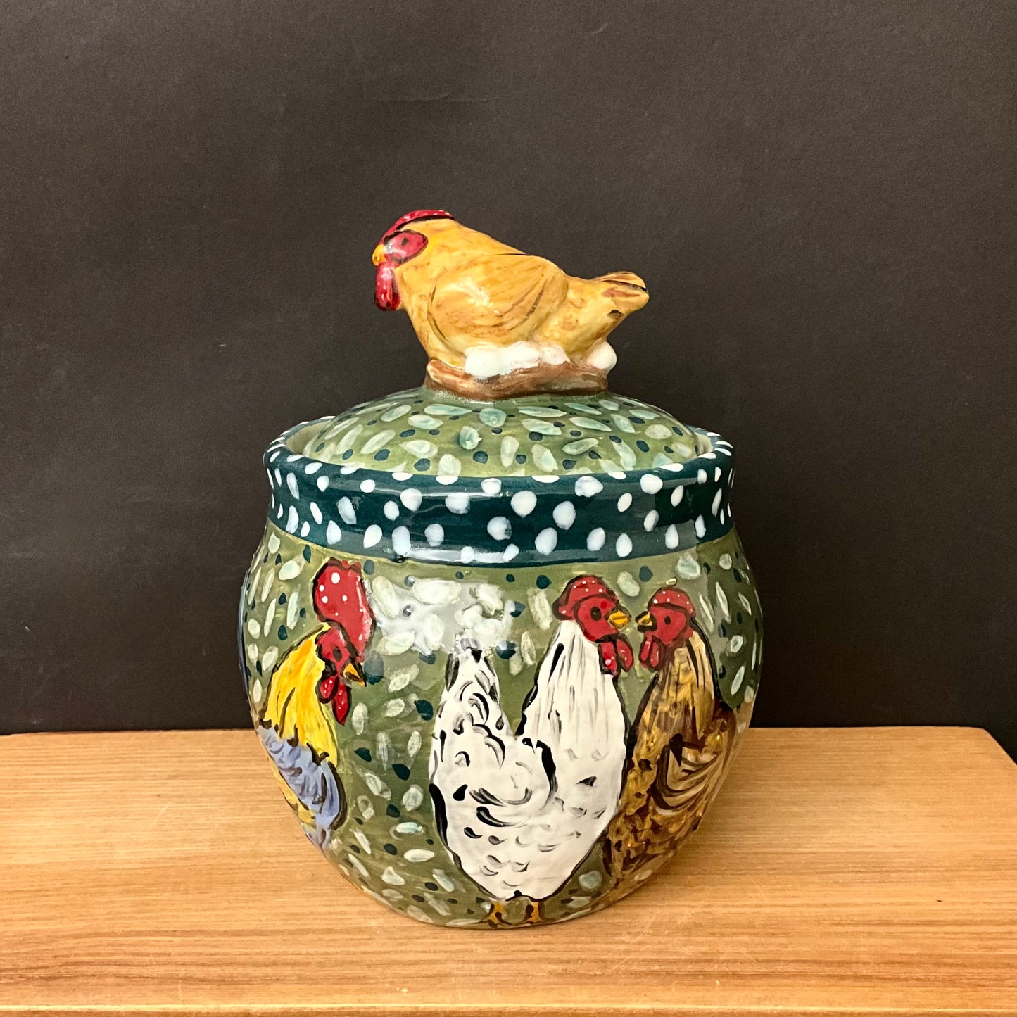 Lidded Jar Green with Roosters, Hens and Hen Finial