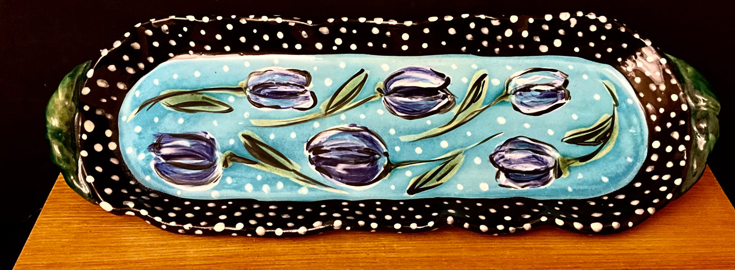 Narrow Tray Turquoise with Blue Tulipd