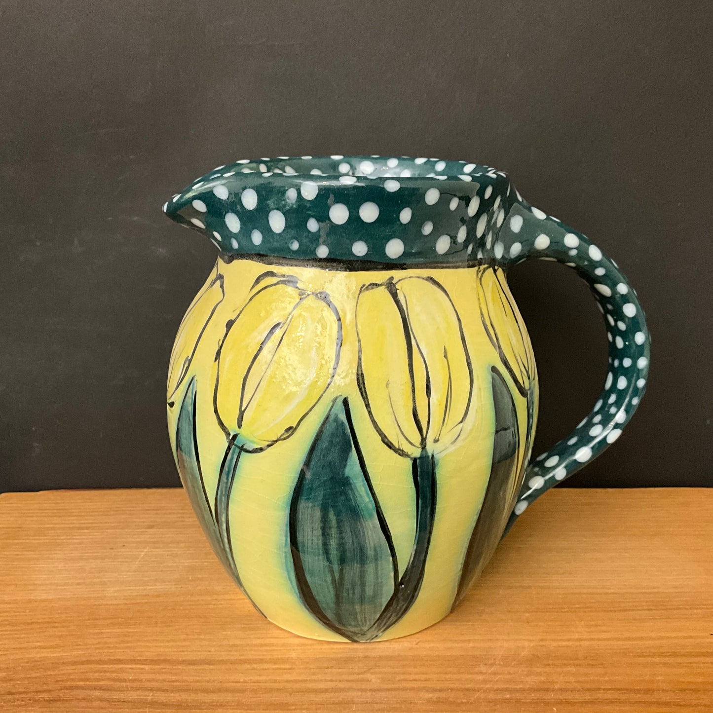 Pitcher Yellow with Tulips & Dark Green Border