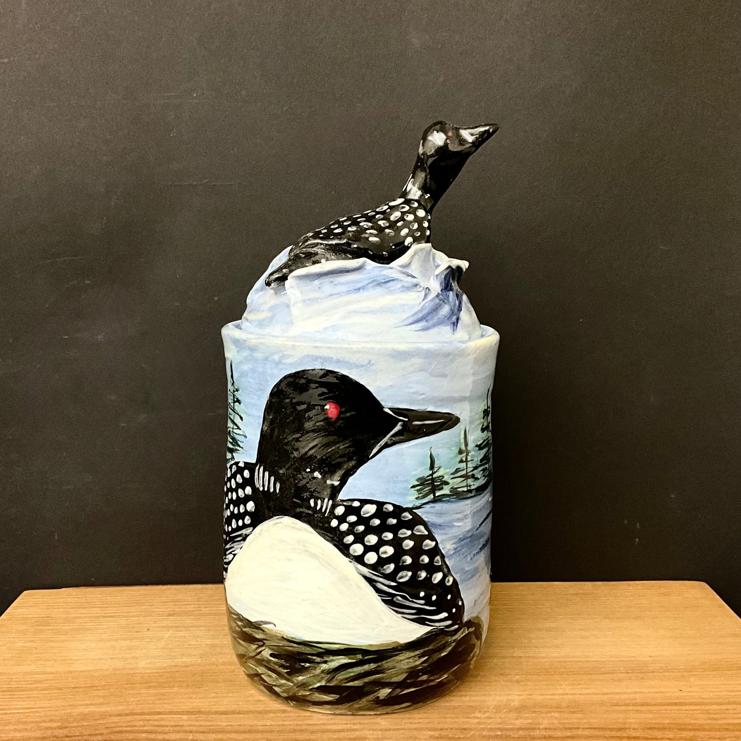 Lidded Jar with Large Loon & Loon Finial