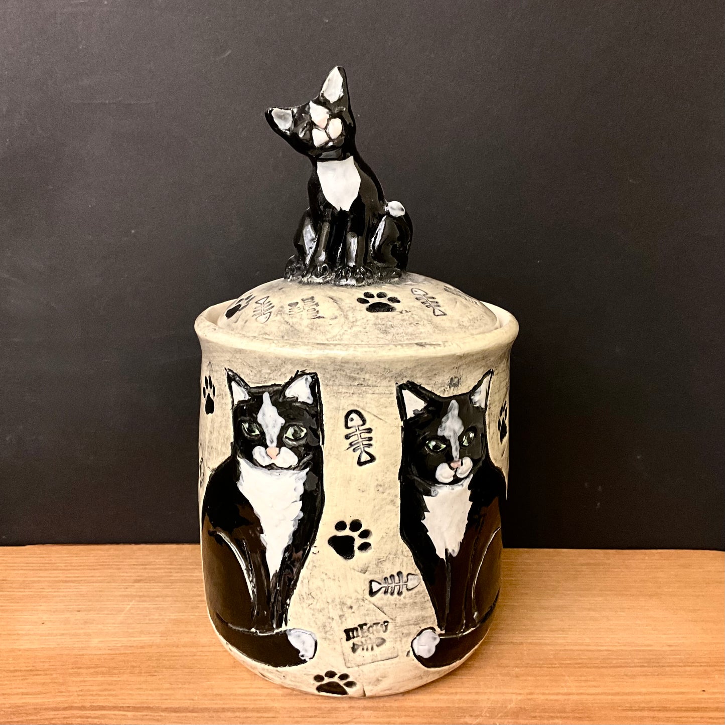 Lidded Jar Black & White Cats with Cat Finial