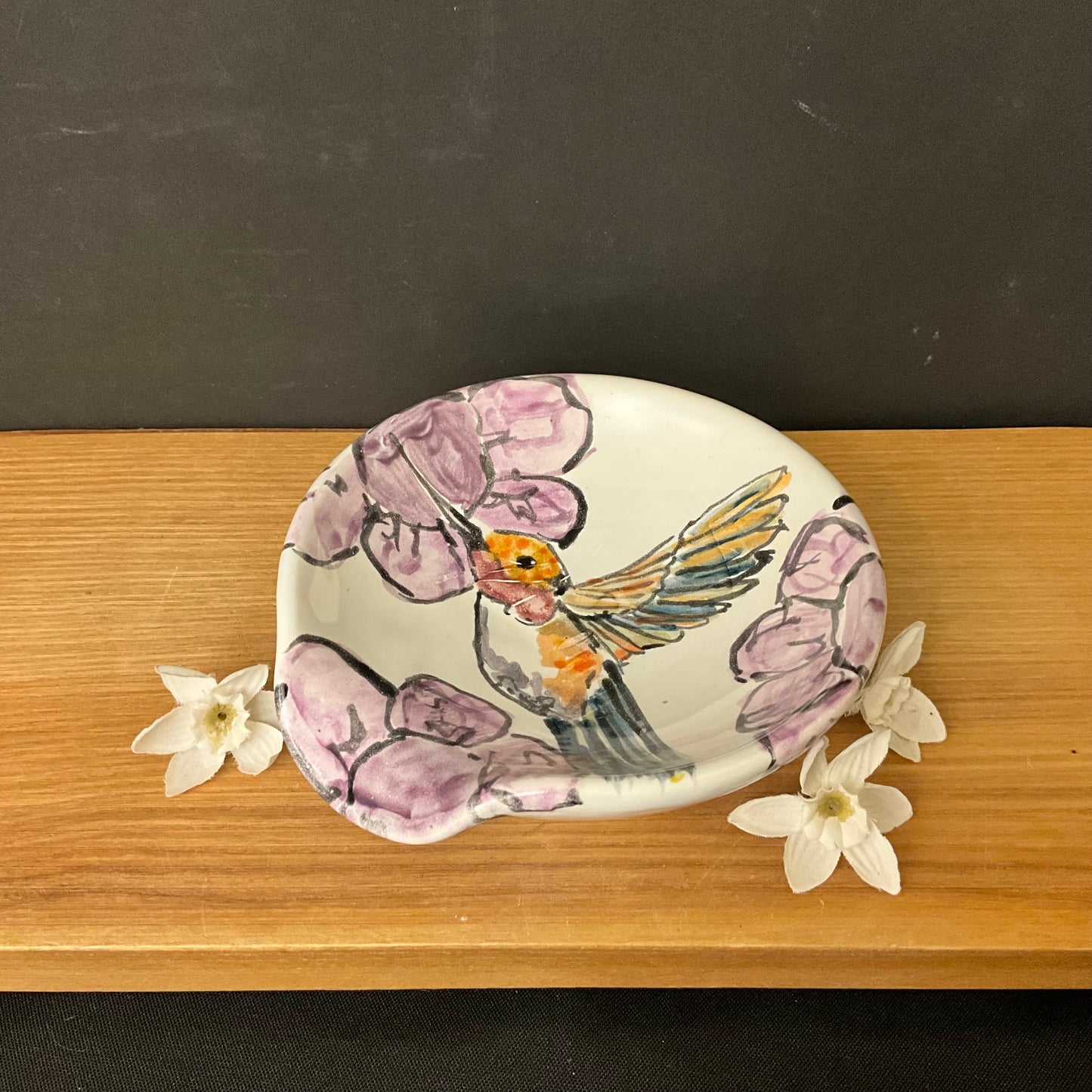 Spoon Rest with Hummingbird & Purple Flowers