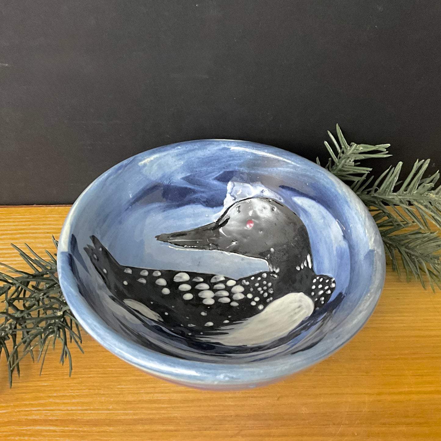 Small Bowl with Loon on Blue Background