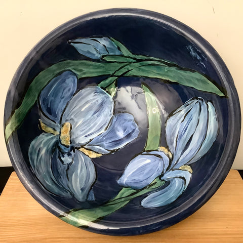 Deep Midnight Blue Bowl w Irises