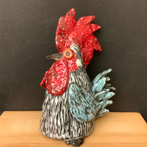 Ceramic Rooster in Black, White, Blue & Red