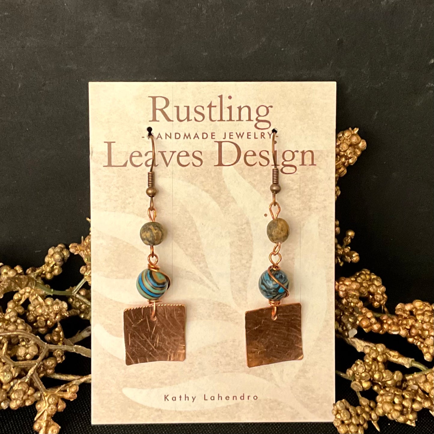 Copper Stamped with 2 Beads Earrings