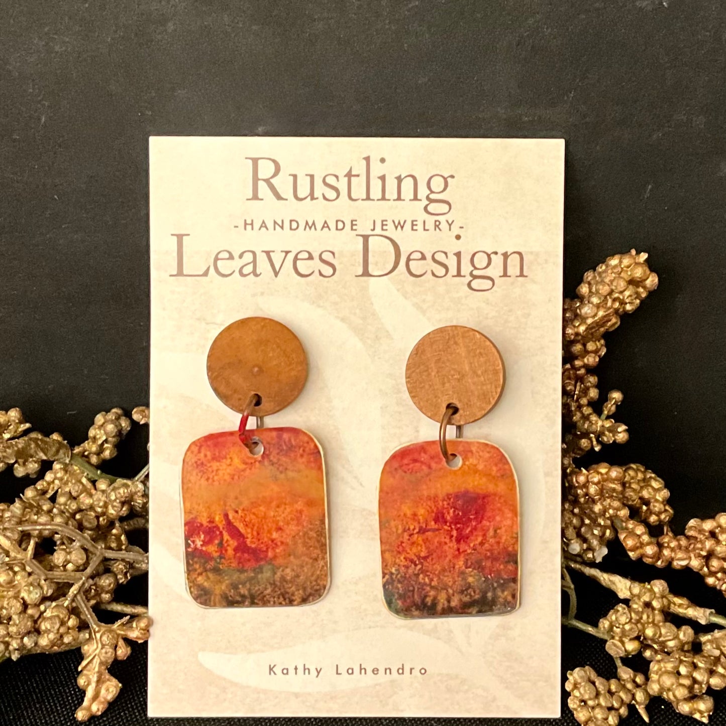 Wood Post Orange Sky Square Earrings