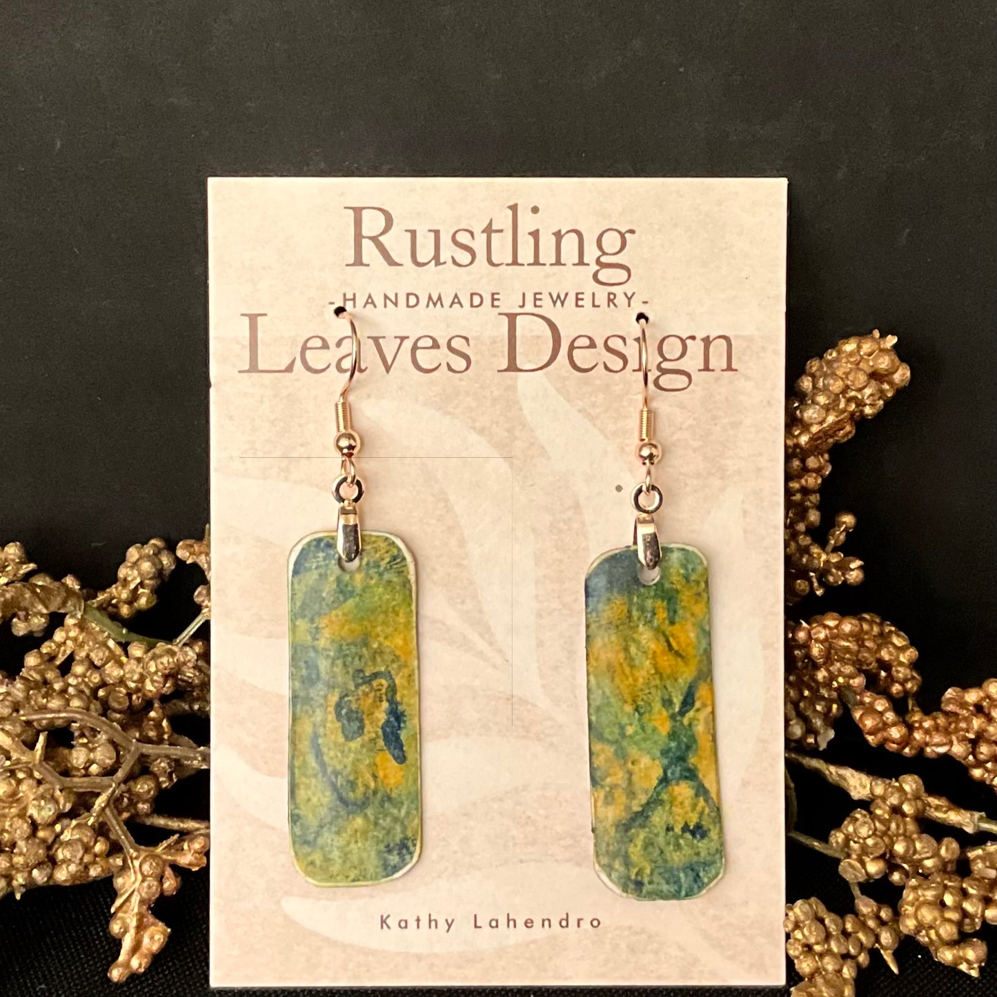 Green and Gold Rectangle Earrings