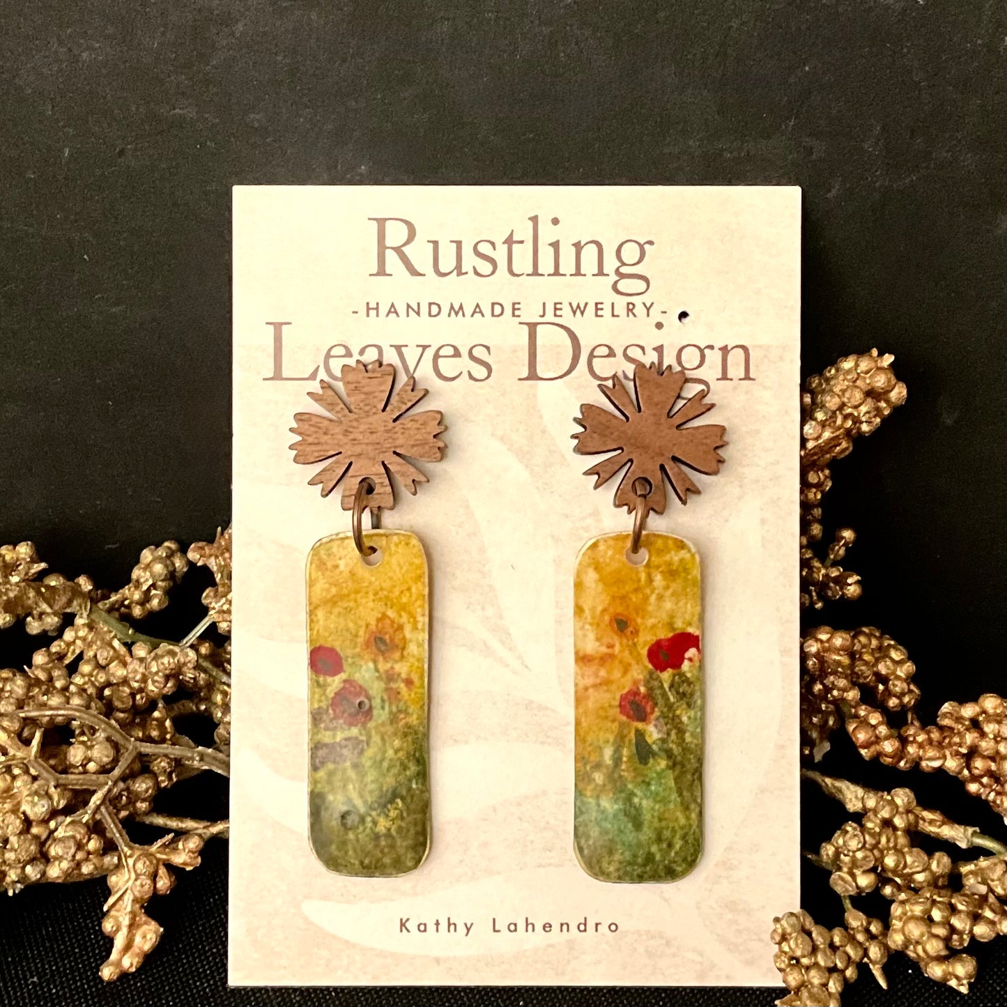 Wood Post Floral Garden Rectangle Earrings