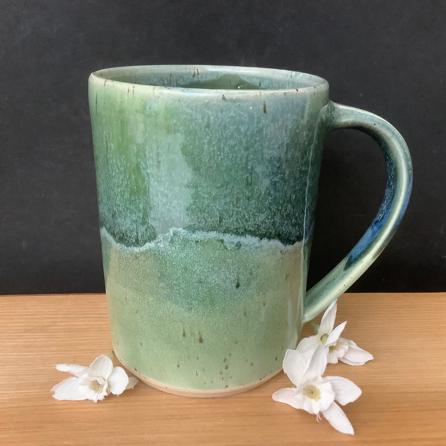 Tall Mug with in Greens and Blue Green Rim