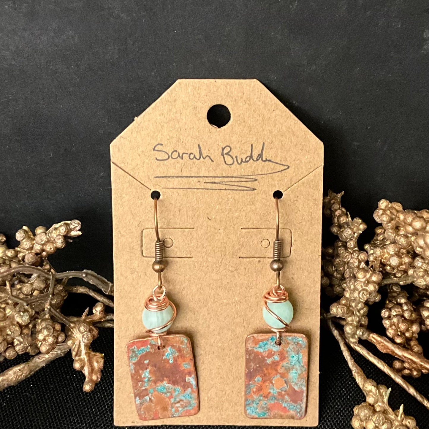 Rectangular Patina Copper Earrings with Peruvian Amazonite Beads