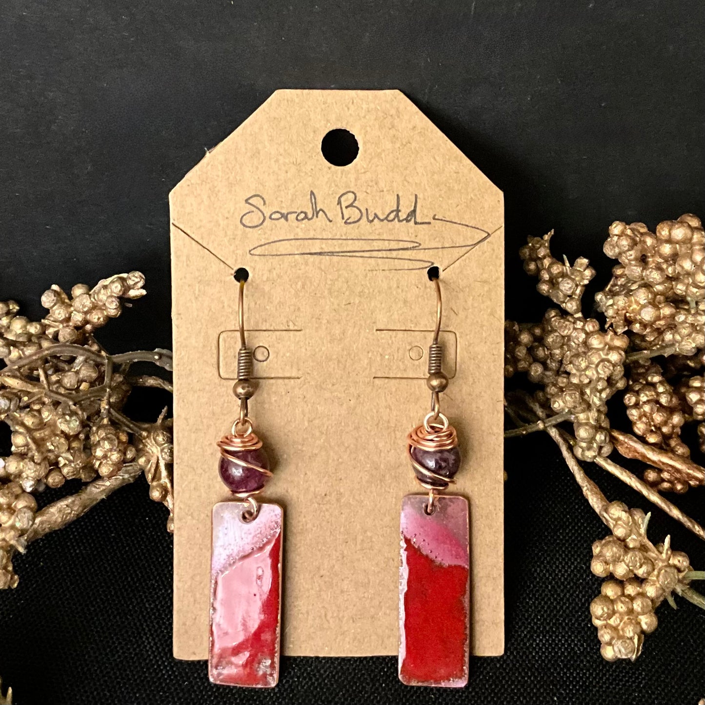 Rectangular Copper Earrings with Glass Enamel and Rubellite Tourmaline Bead
