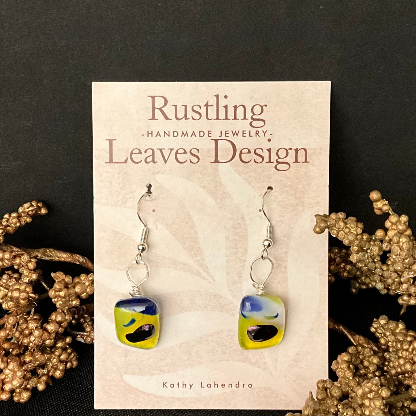 Yellow and Blue Rectangle Fused Glass Earrings