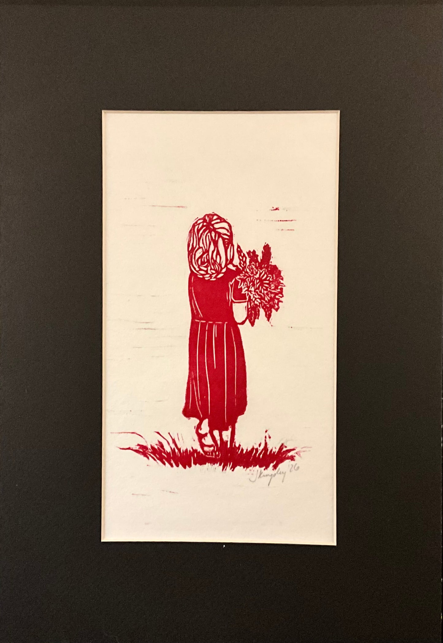 “Flowers for Grandma” Magenta Rubber Block Print with Black Mat