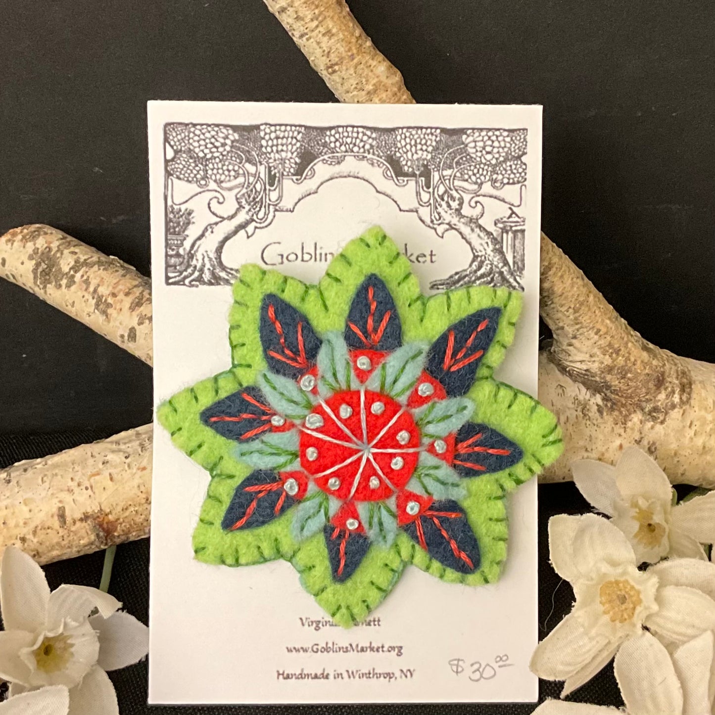 Floral Felt Pin in Apple Green, Purple, and Fuchsia