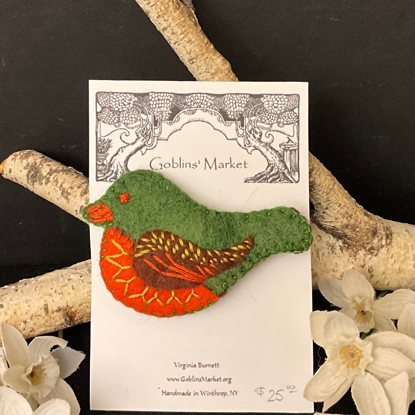 Bird Felt Pin in Loden Green, Coral and Purple