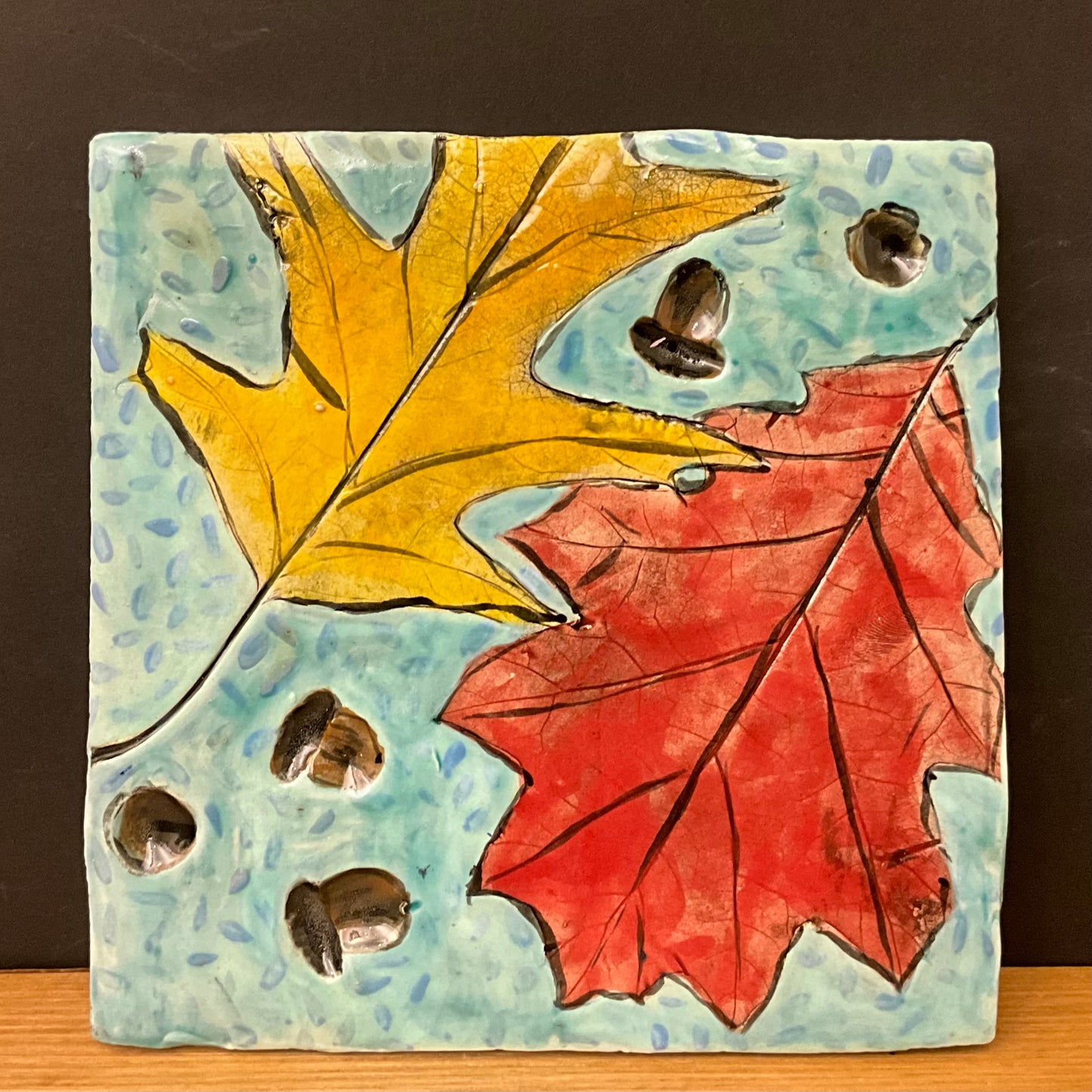 Trivet Oak Leaves in Fall Colors & Acorns on Light Blue/Green