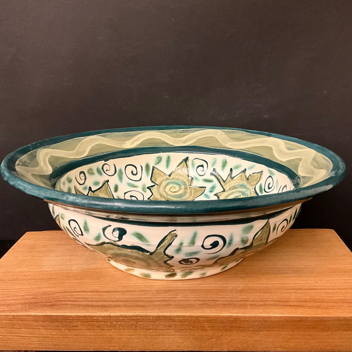 Deep Flared Bowl with Green Leaves