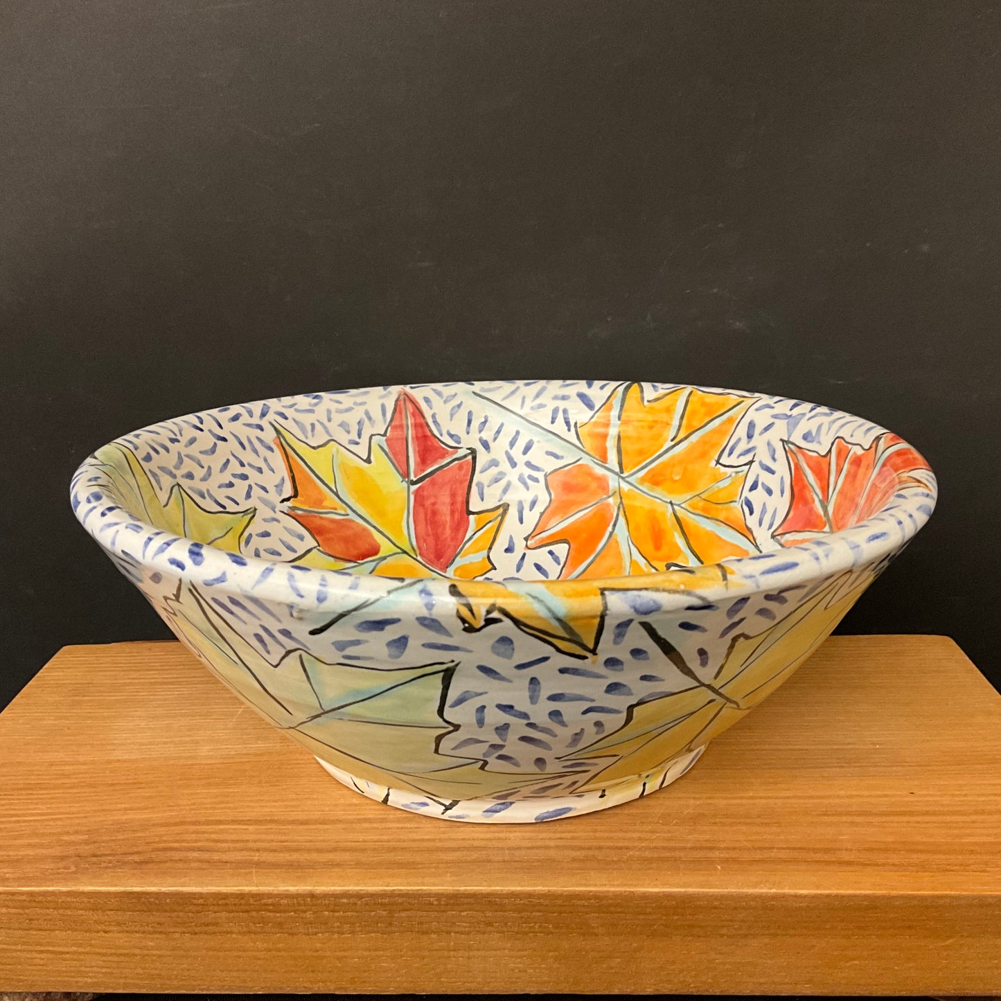 Large White Bowl with Autumn Leaves and Blue “Flecks”